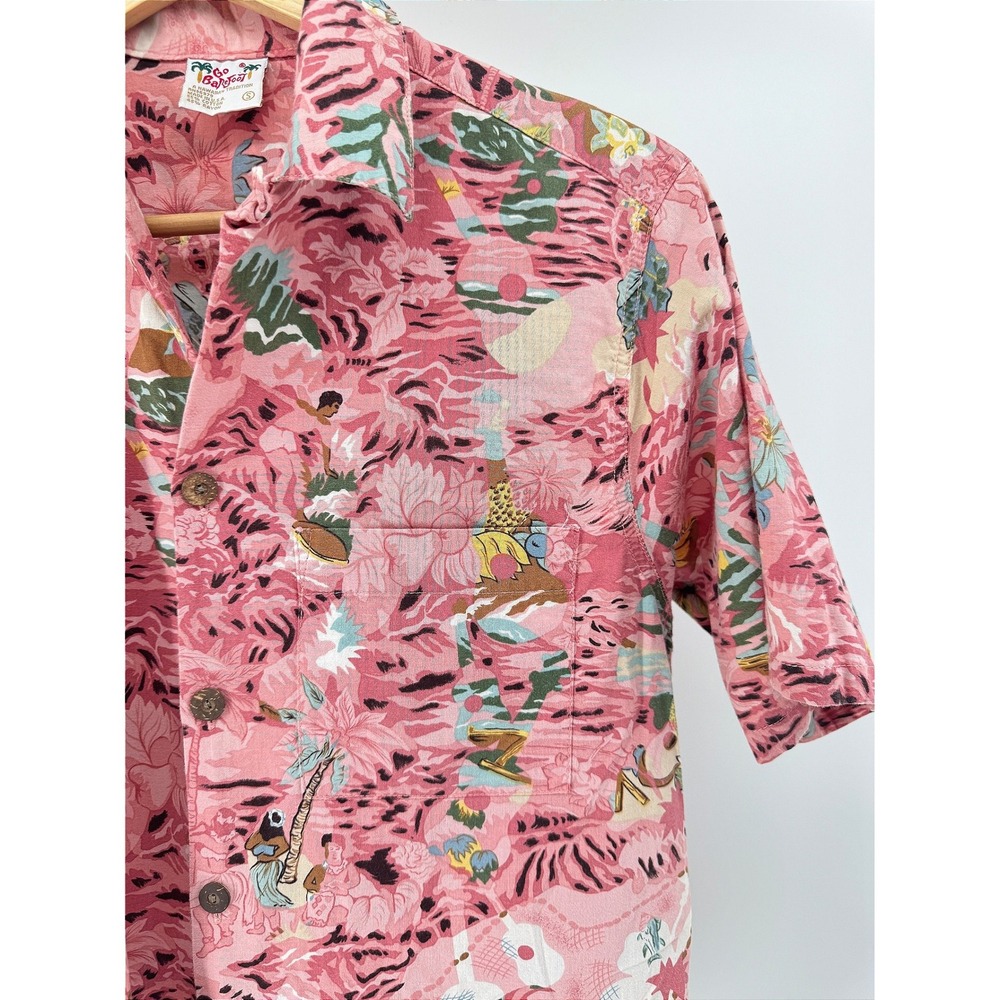 Go Barefoot Hawaiian Shirt Mens L Pink Tropical Floral Aloha Made in Hawaii USA